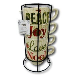 Pier 1 Imports Stacking Mugs Holiday Set of 4 Coffee Tea  w/Caddy Peace Joy Love